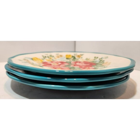 Pioneer Woman Vintage Floral Turquoise Edge Salad Plates 8.5 inch Set of 3 EUC - Picture 9 of 10